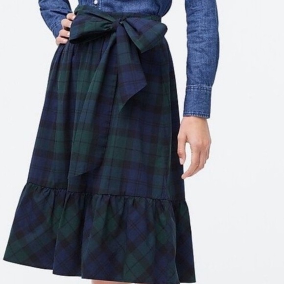 J. CREW Green Tartan Plaid‎ Bow Waist Midi Skirt size 2 Christmas holiday - Picture 1 of 10